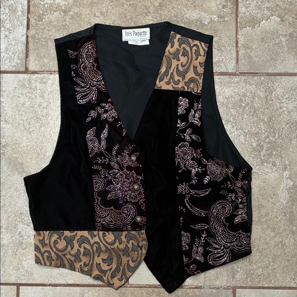 Byer California Black Velvet Patchwork Vest with Brown Scroll Accents